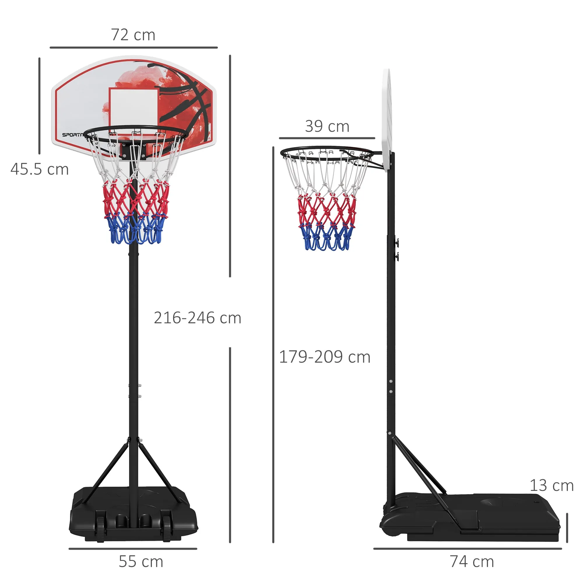 Adjustable Basketball Stand Net Set System with Wheels, 179-209cm