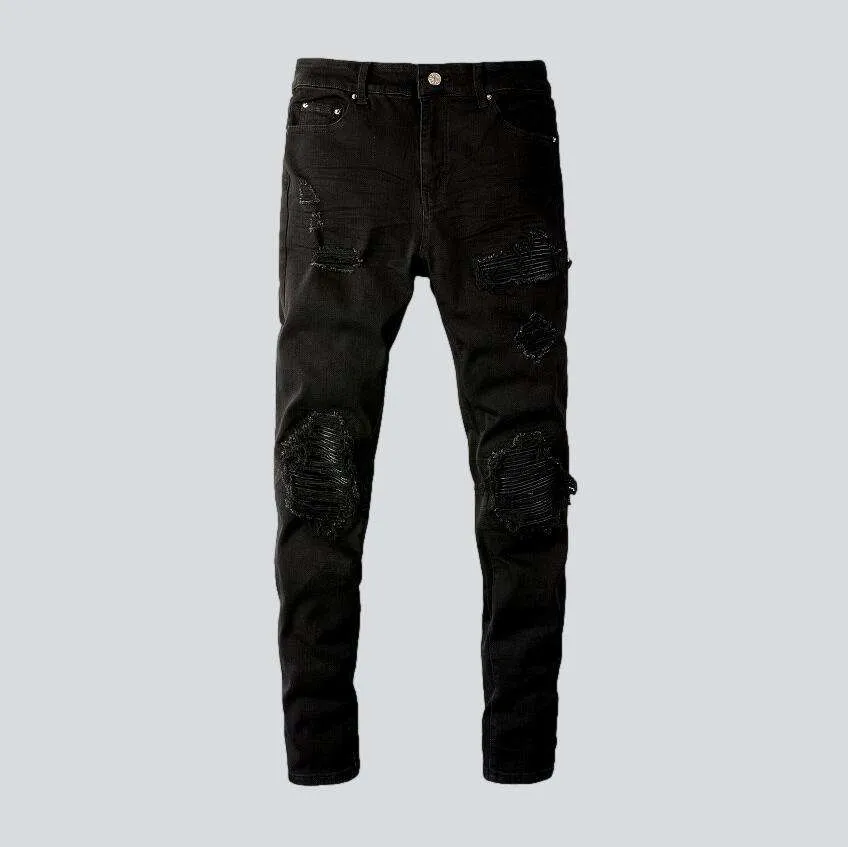 Black leather patch biker jeans