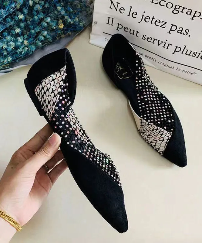 Black Suede Flat Feet Shoes Splicing Tulle Zircon AP1050