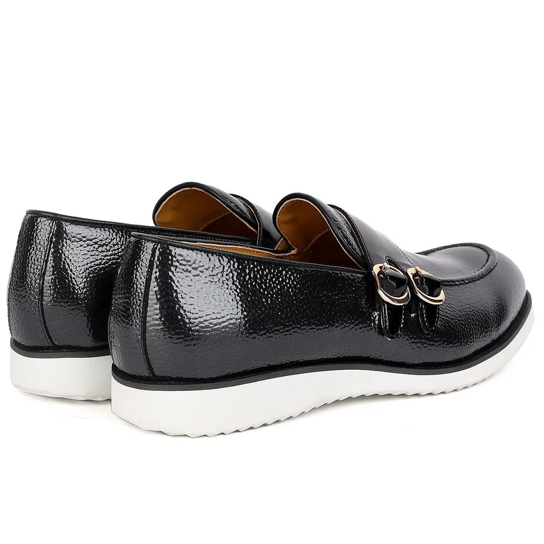 John Mendson Black Leather Monk Shoe With Black Glossy Strap And White Designed  Sole