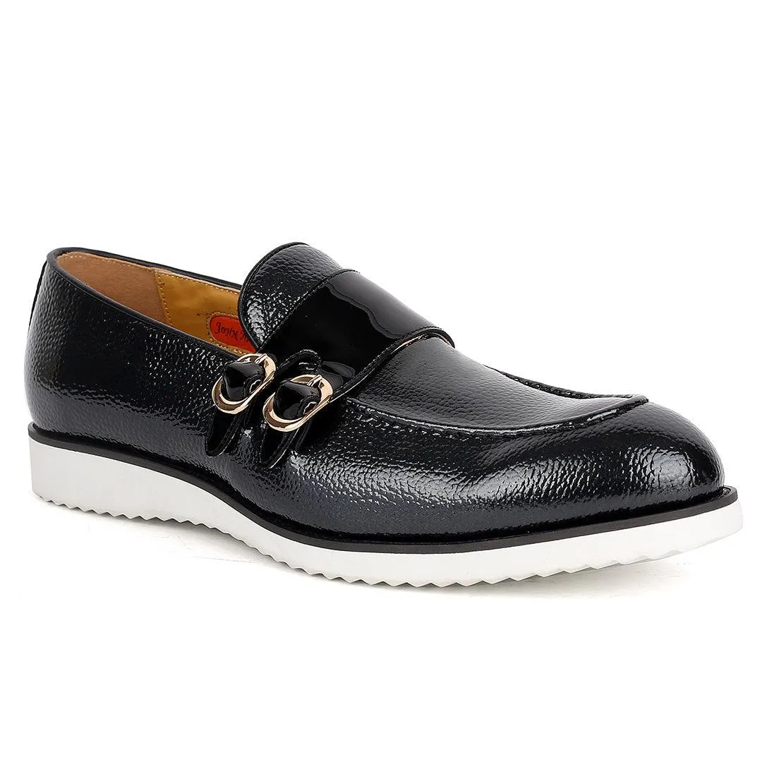 John Mendson Black Leather Monk Shoe With Black Glossy Strap And White Designed  Sole