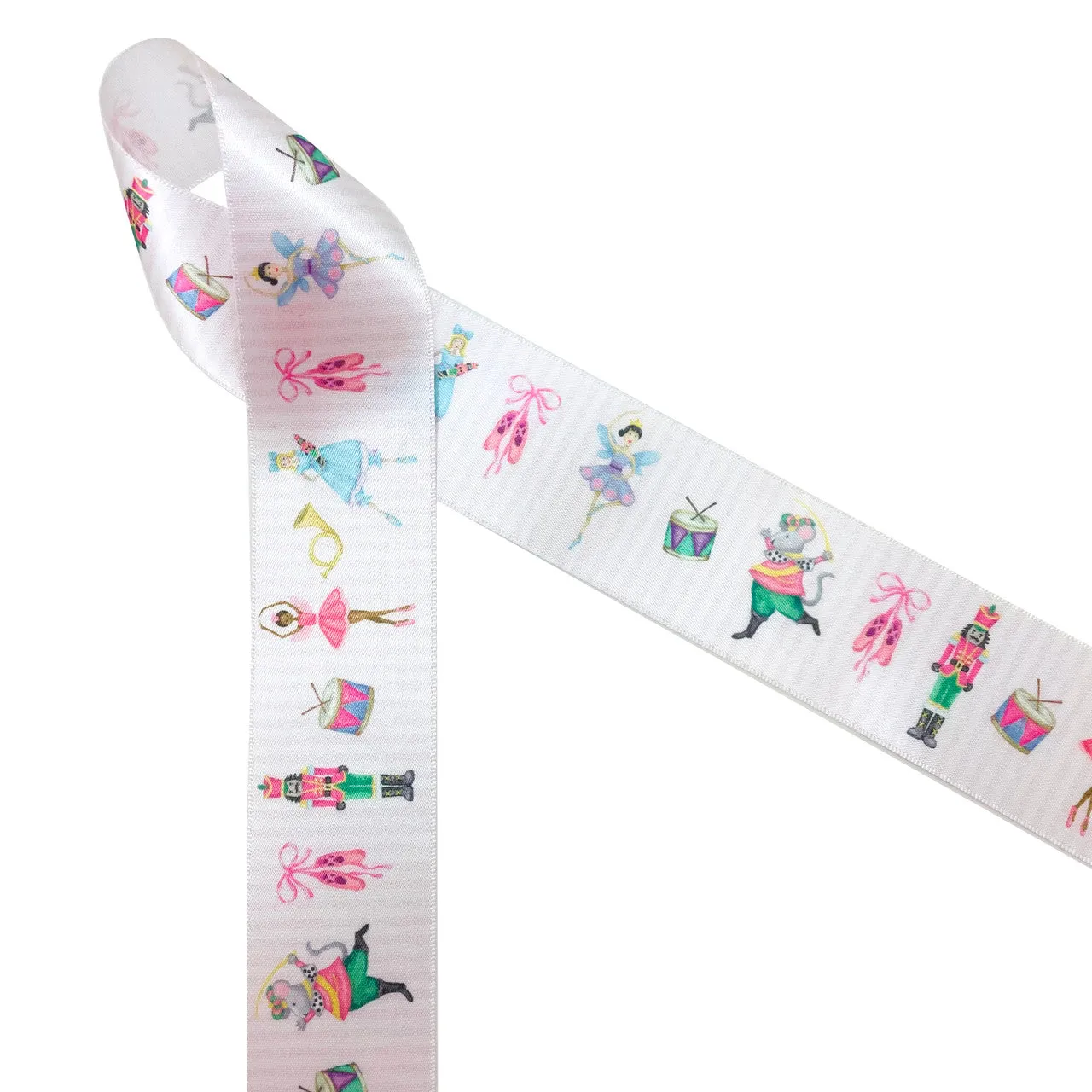 Nutcracker Ballet ribbon featuring all the characters printed on 5/8", 7/8" and 1.5" white satin