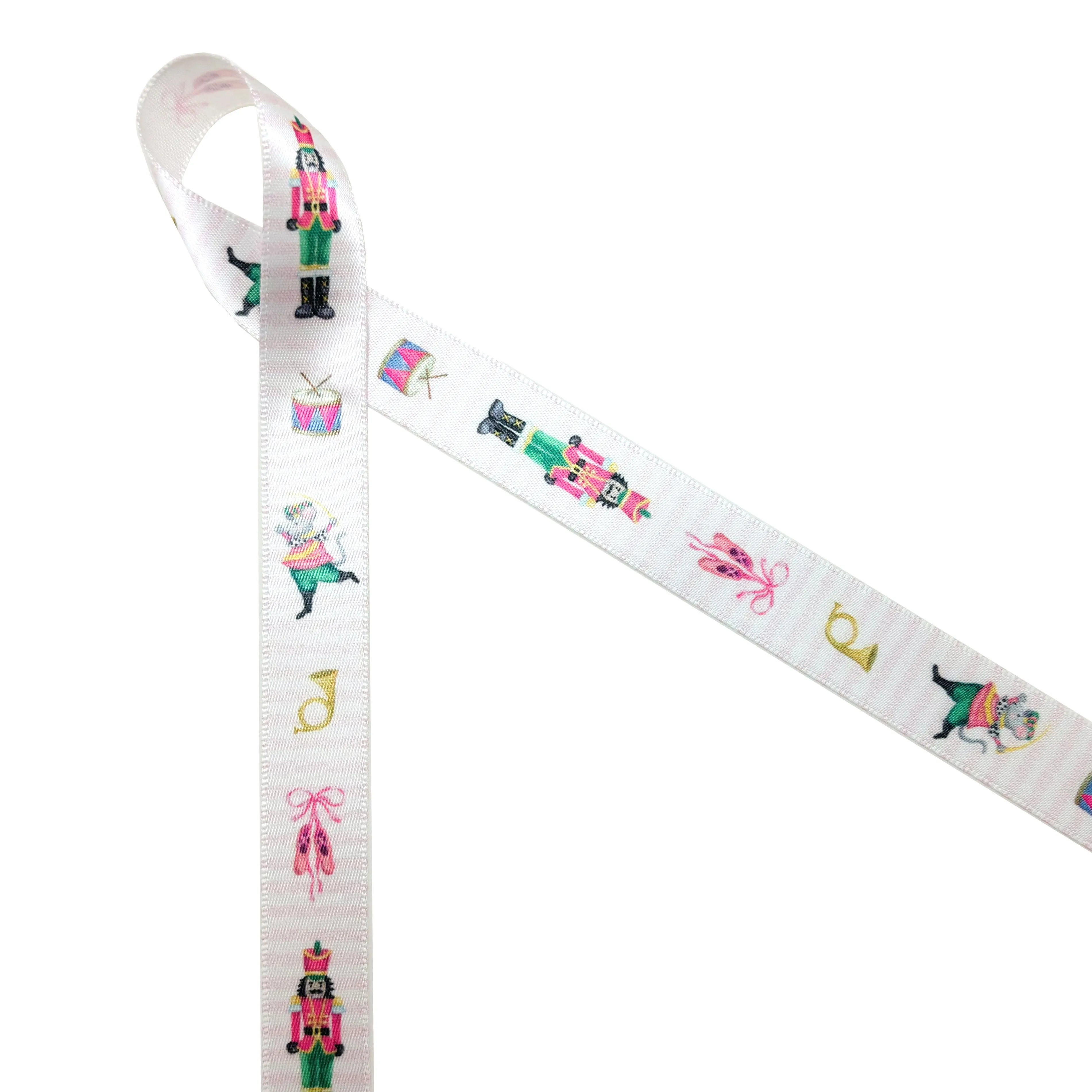 Nutcracker Ballet ribbon featuring all the characters printed on 5/8", 7/8" and 1.5" white satin