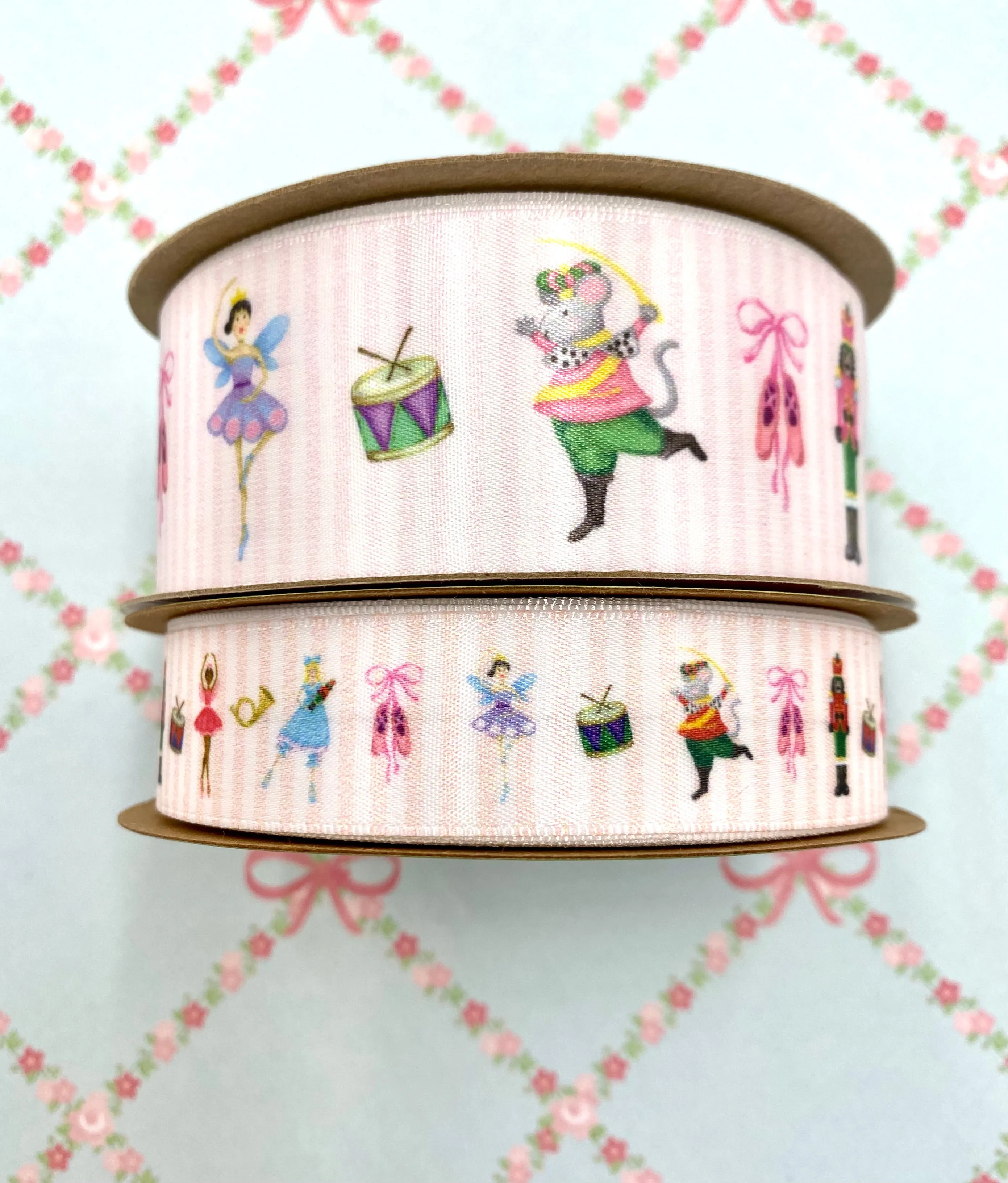 Nutcracker Ballet ribbon featuring all the characters printed on 5/8", 7/8" and 1.5" white satin