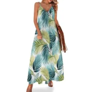 Palm Leaves Blue and Green Spaghetti Strap Ankle-Length Dress Long dress