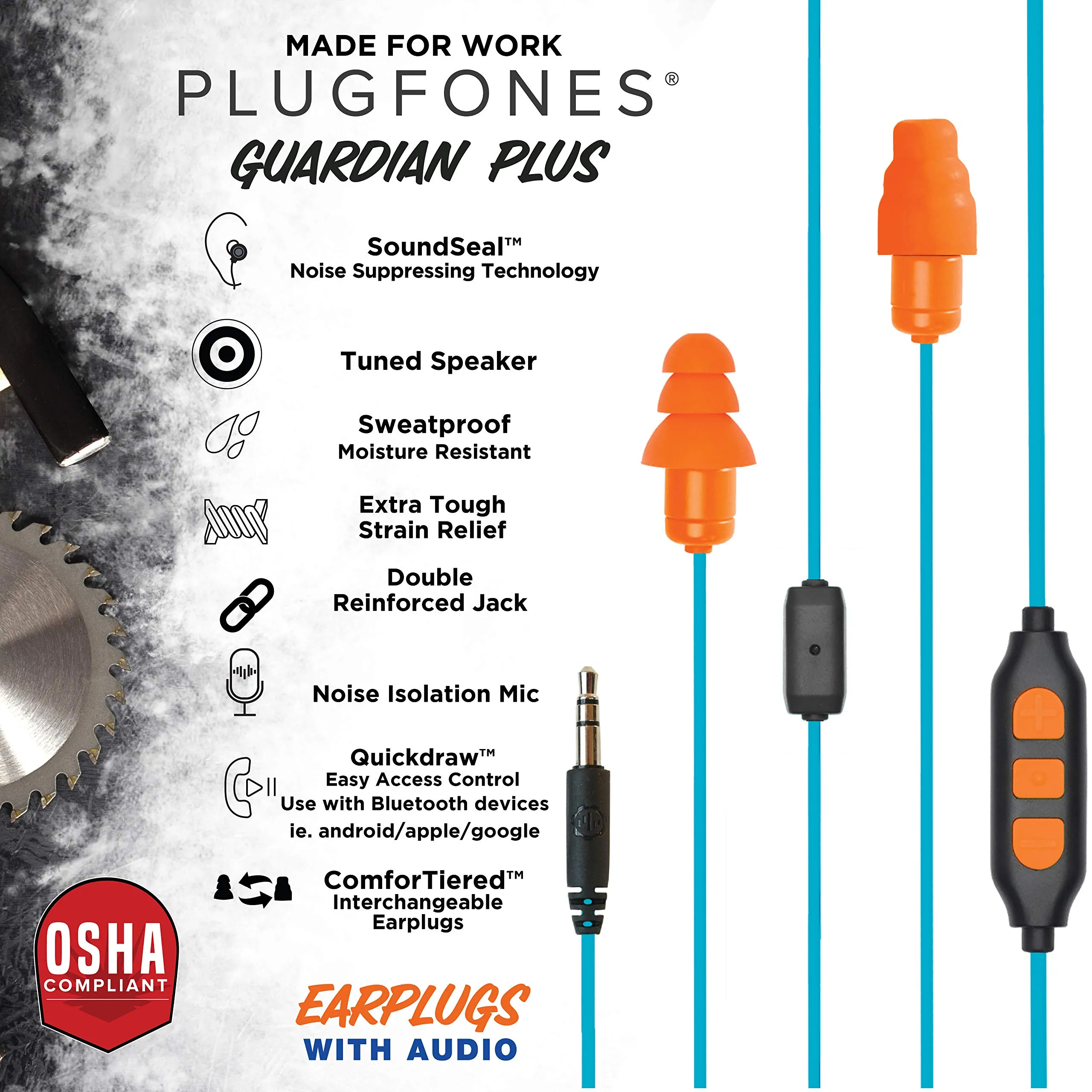 Plugfones Guardian Plus in-Ear Earplug Earbud Hybrid - Noise Reduction in-Ear Headphones with Noise Isolating Mic and Controls (Orange & Blue)