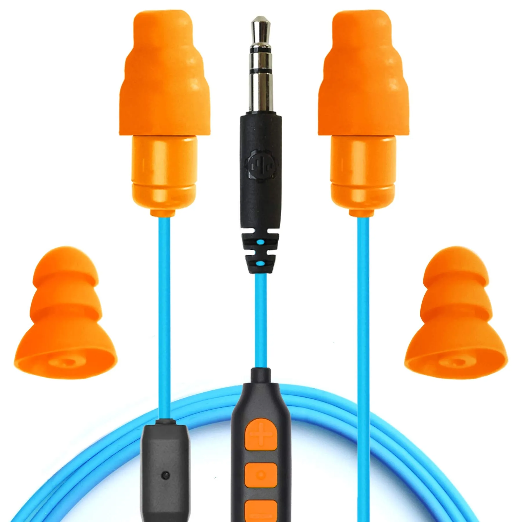 Plugfones Guardian Plus in-Ear Earplug Earbud Hybrid - Noise Reduction in-Ear Headphones with Noise Isolating Mic and Controls (Orange & Blue)