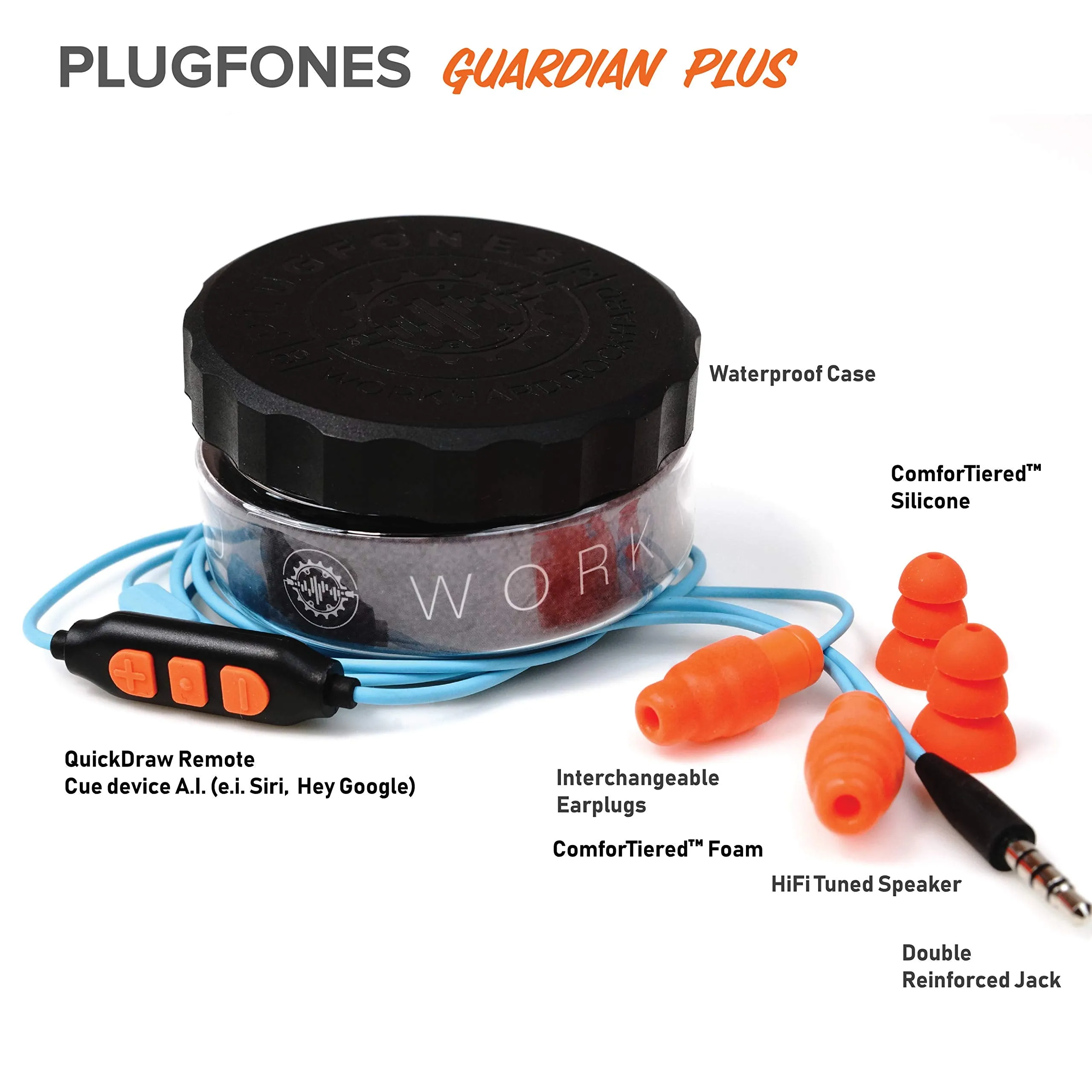 Plugfones Guardian Plus in-Ear Earplug Earbud Hybrid - Noise Reduction in-Ear Headphones with Noise Isolating Mic and Controls (Orange & Blue)