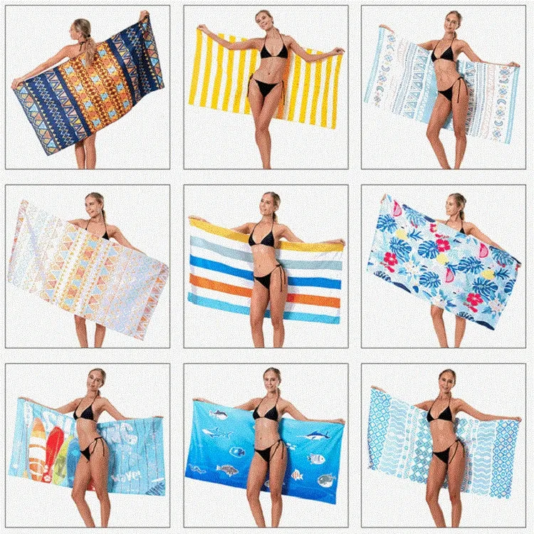 Printed Solid Color Beach Vacation Swimming Bath Towel Beach Towel, Color:  Lake Blue Lotus Leaf(Round Mesh Bag)