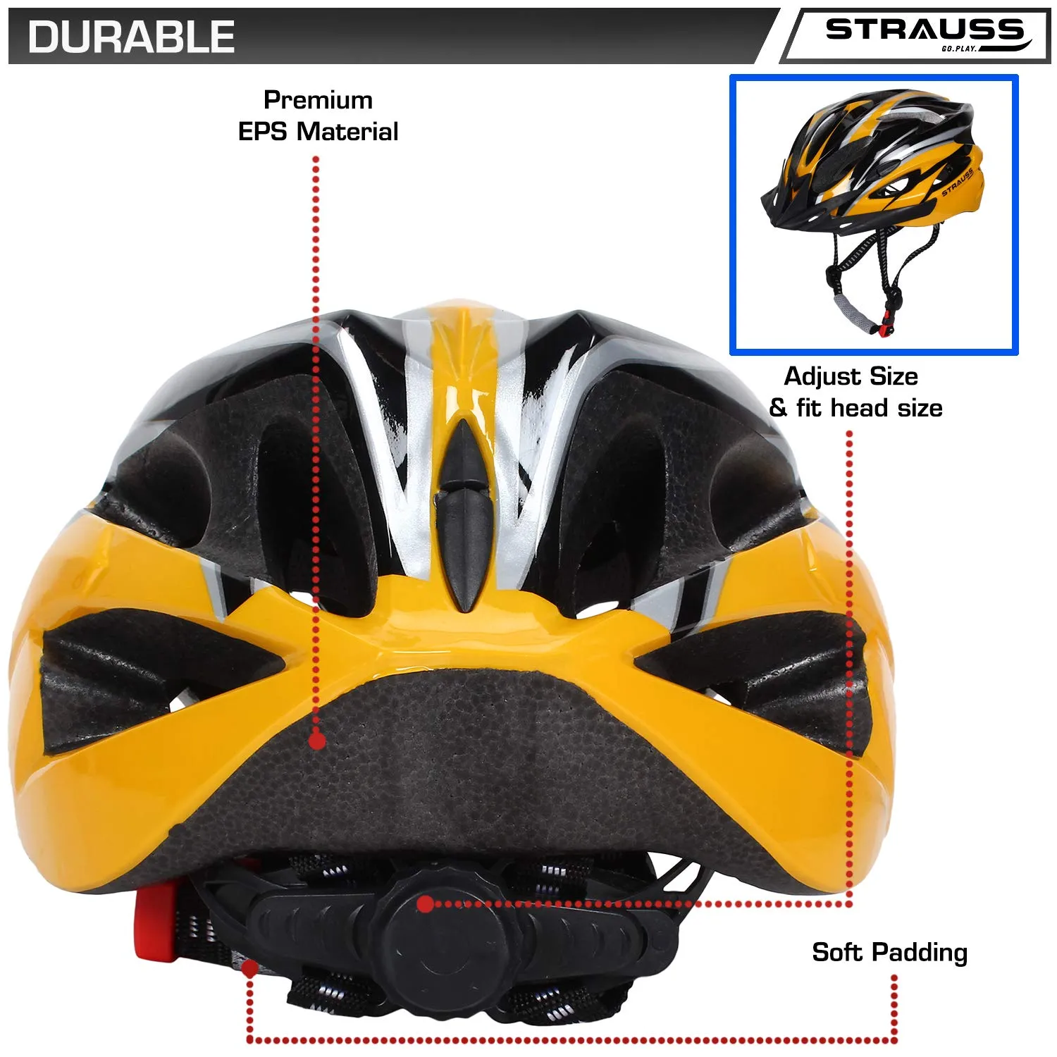 Strauss Adjustable Cycling Helmet with Detachable Visor | Light Weight with Superior Ventilation | Mountain, Road Bike & Skating Helmet With Premium EPS Foam Lining & ABS Shell | Ideal for Adults and Kids, (Black/Yellow))