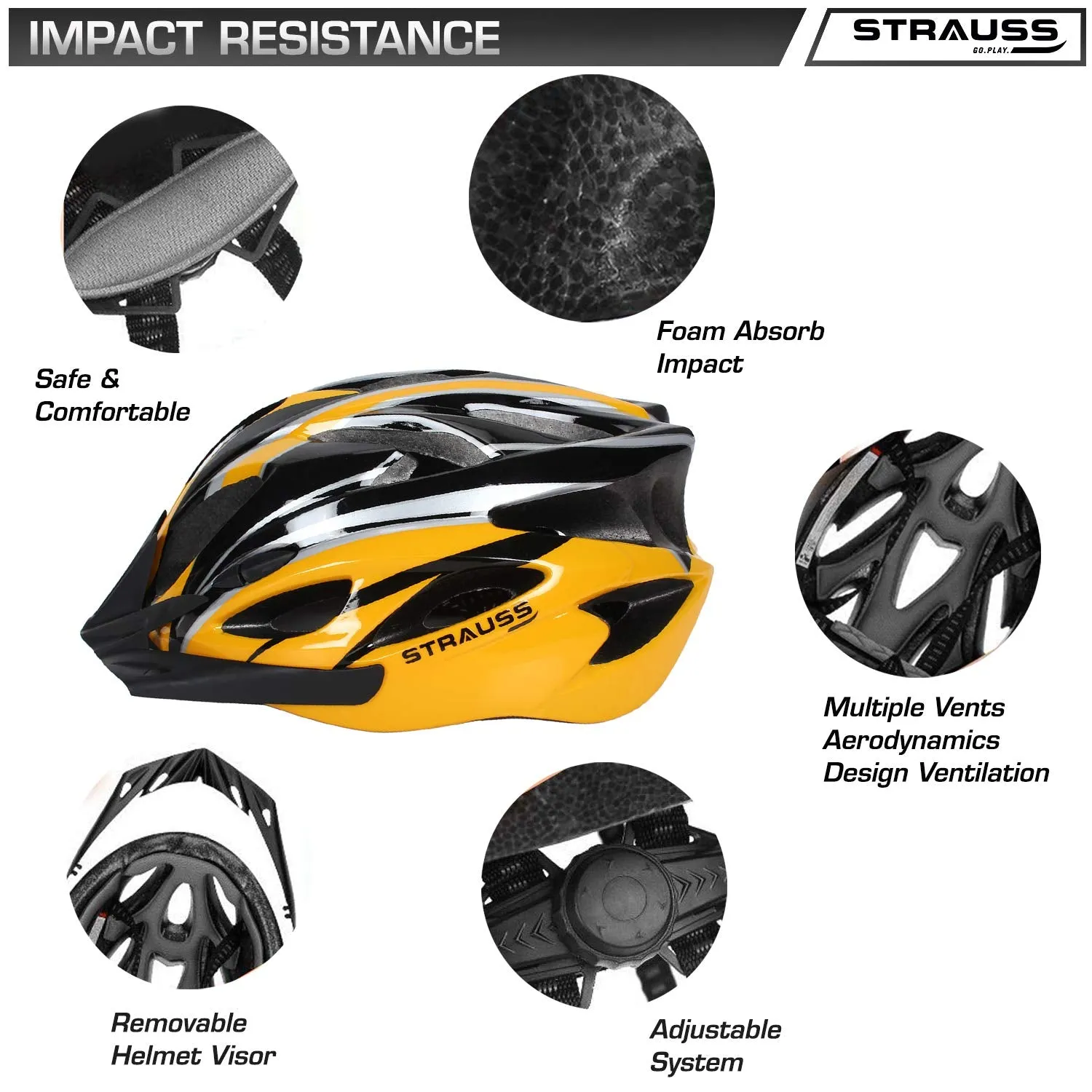 Strauss Adjustable Cycling Helmet with Detachable Visor | Light Weight with Superior Ventilation | Mountain, Road Bike & Skating Helmet With Premium EPS Foam Lining & ABS Shell | Ideal for Adults and Kids, (Black/Yellow))