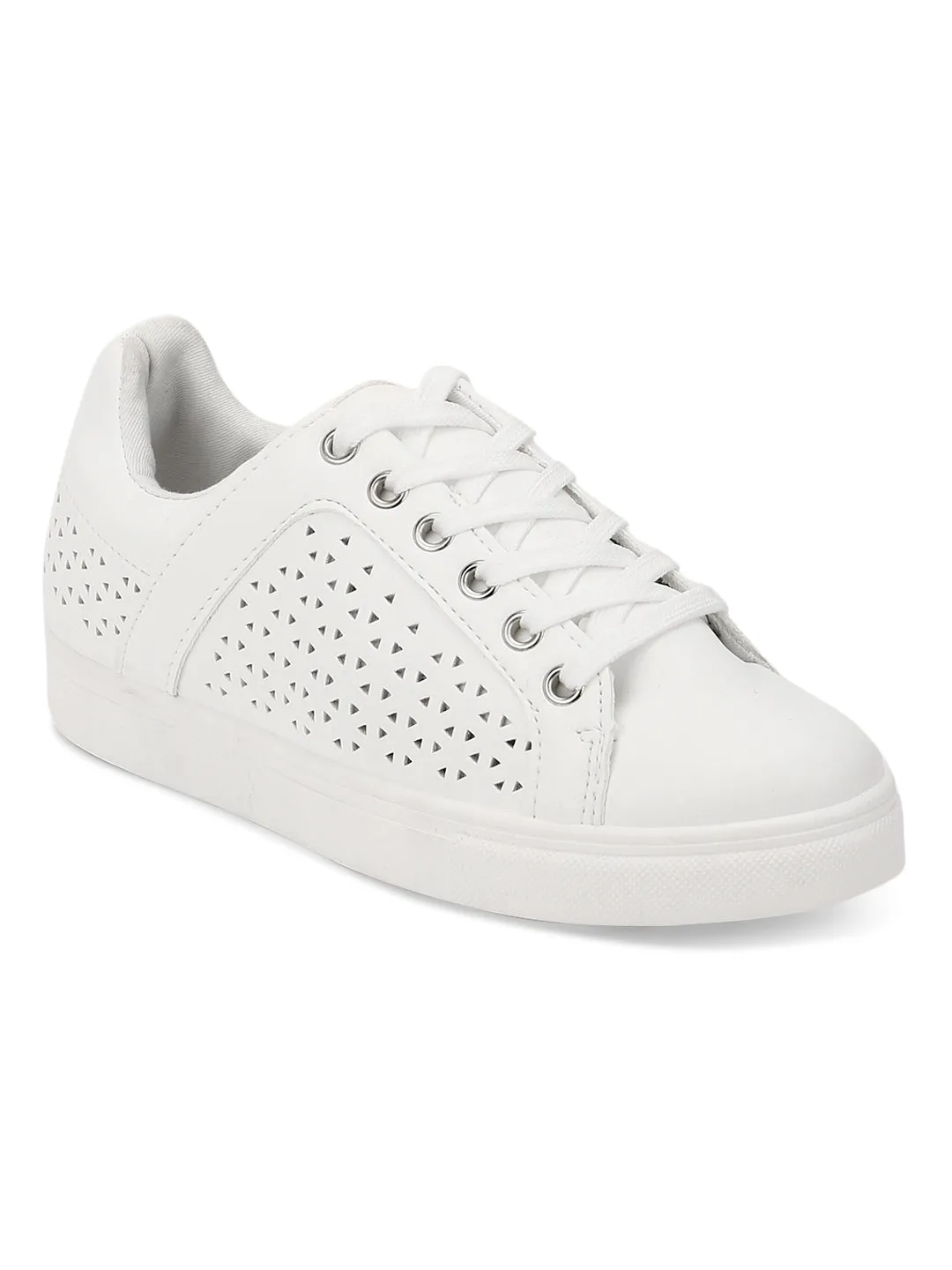 White PU Textured Lace-Up Sneakers