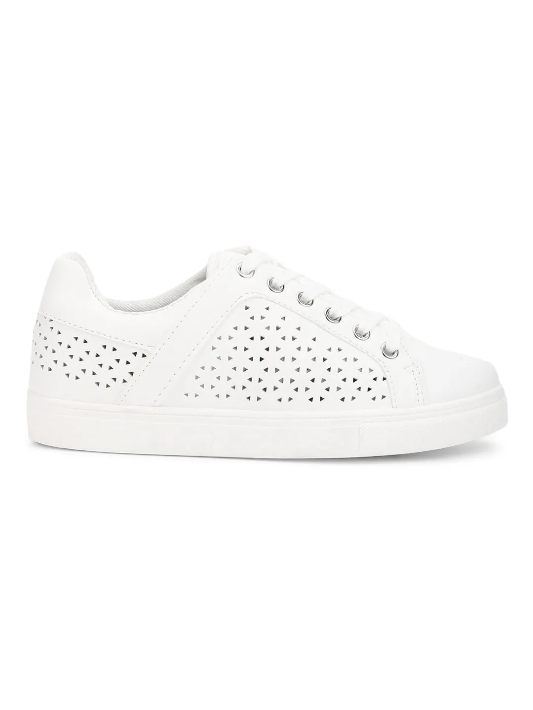 White PU Textured Lace-Up Sneakers