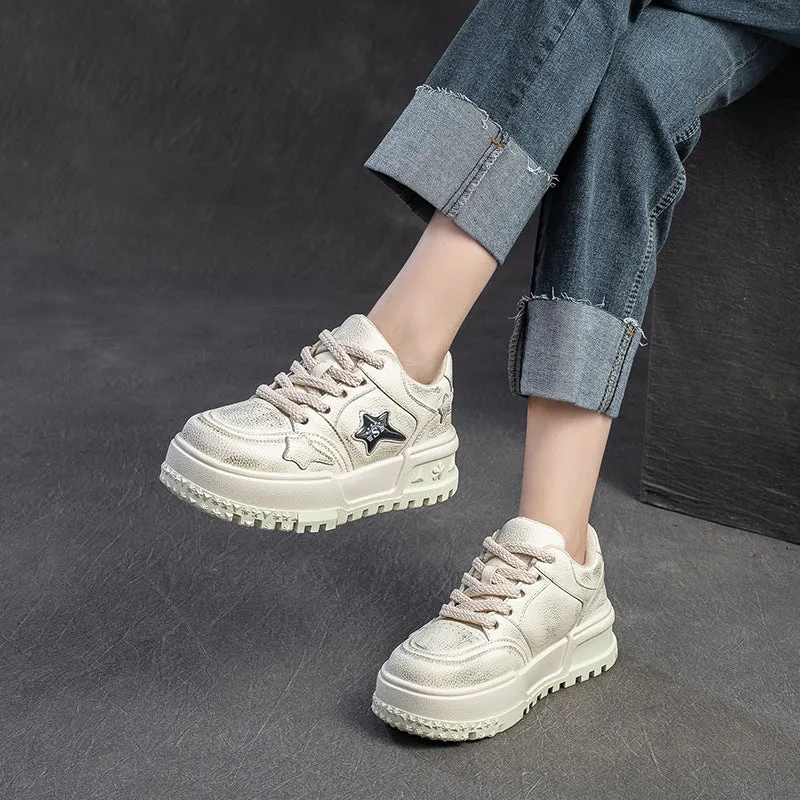 Women Fashion Leather Thick Soled Casual Court Sneakers