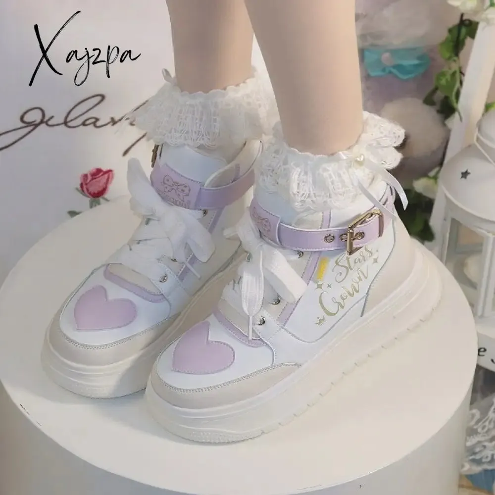 Xajzpa - Macaron Campus Style Lolita Sneakers Are Cute and Sweet All-match Autumn and Winter Thick-soled Height-increasing Shoes