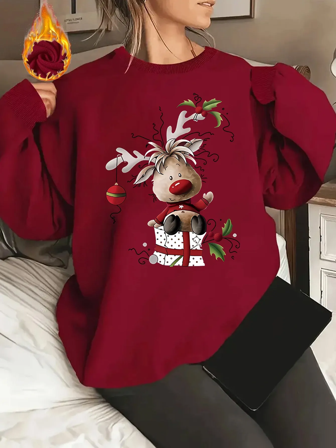 Y2K Style - Cartoon Christmas Reindeer Pattern Women's Round Neck Pullover Casual Sports Long-sleeved Plush Lined Sweater Pullover Top