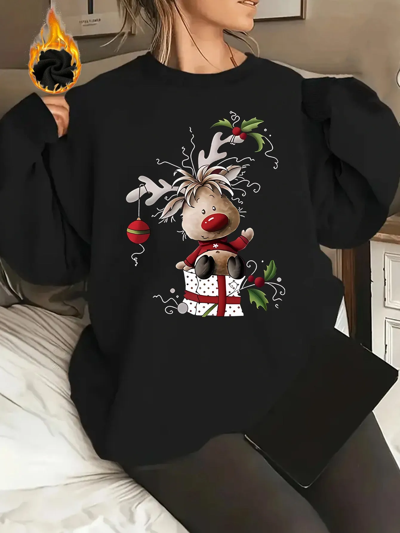 Y2K Style - Cartoon Christmas Reindeer Pattern Women's Round Neck Pullover Casual Sports Long-sleeved Plush Lined Sweater Pullover Top