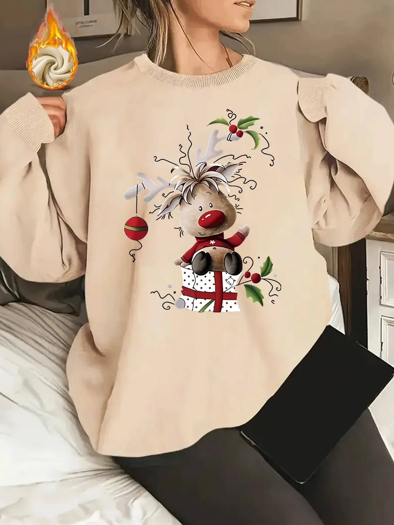 Y2K Style - Cartoon Christmas Reindeer Pattern Women's Round Neck Pullover Casual Sports Long-sleeved Plush Lined Sweater Pullover Top